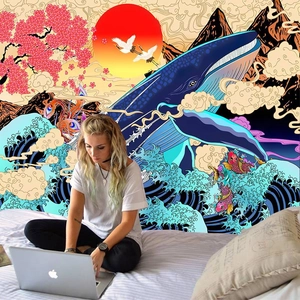 Détail de tapisserie japonaise Ukiyo-e avec baleine et grues au-dessus d'un lit