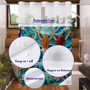 Detail of waterproof shower curtain featuring mermaid print and snap-in removable liner