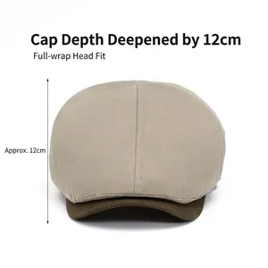 Beige and olive newsboy cap with 12cm deep crown for a perfect fit and sun protection