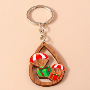 Porte-clés de Noël en bois goutte d'eau avec motif parachute et anneau métallique