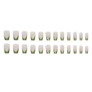 Short ballet press-on nails with green French tips and 3D butterfly accents