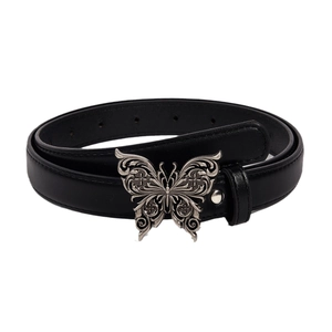 Classic black leather belt with a decorative vintage butterfly metal buckle for women