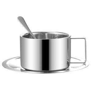 Double-wall 304 stainless steel coffee cup set with saucer and spoon on white background