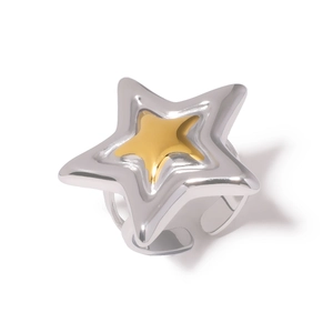 Two-tone nested star open ring with polished silver and gold finish for women