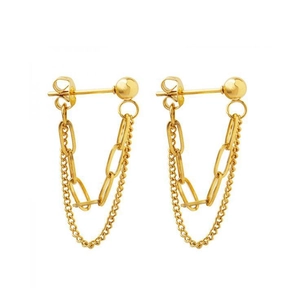 Modern double layer gold titanium steel chain drop earrings with minimalist tassels