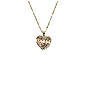 Gold heart MOM pendant necklace with colorful cubic zirconia on a white background