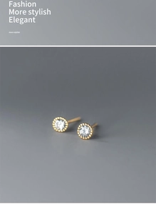 Detailed close-up of S925 silver round stud earrings with sparkling crystals and gold plating