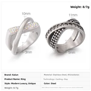Detail view of woven stainless steel ring with rainbow rhinestones and size measurements