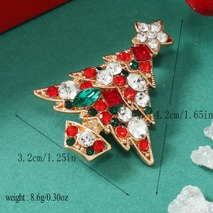 Detail shot of Christmas tree brooch with colorful rhinestones and dimensions displayed