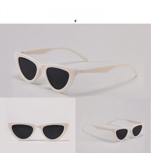 Detailed multi-angle views of trendy cream cat-eye sunglasses with grey lenses, 95127