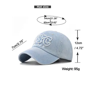 Size chart showing 54-60cm circumference for the washed denim NYC baseball cap
