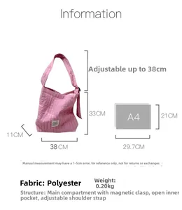 Detailed size specifications of pink quilted canvas tote with polyester fabric material