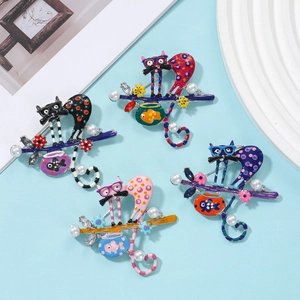 Set of four colorful cartoon cat brooches with enamel finish and pearl accents