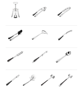 Detailed 12-piece stainless steel kitchen gadget set with black ergonomic handles on white