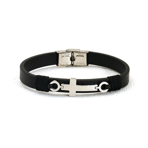 Handmade black leather bracelet featuring a polished stainless steel cross charm with fold clasp