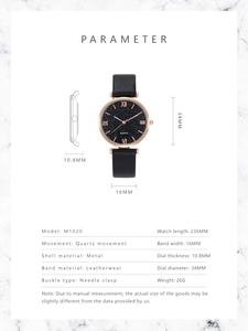 Detailed size specifications of the starry sky women's watch with leather strap and rose gold