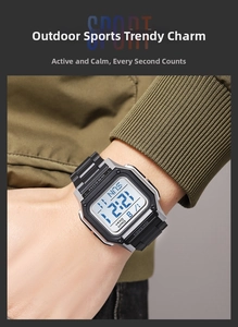 Close-up of SKMEI digital sports watch on wrist featuring square LCD and 50M water resistance