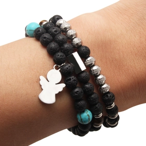 Natural Lava Stone Tiger Eye Beads Bracelet With Stainless Steel Angel Charm Elastic Stackable Jewelry For Men Women