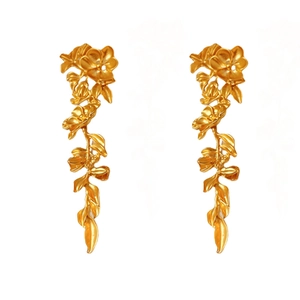 Elegant gold flower and leaf long tassel earrings with silver needle in vintage style