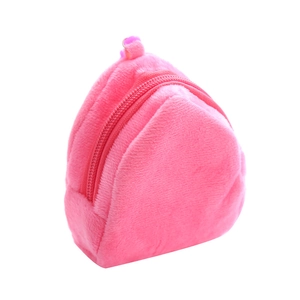 Pink triangular plush mini coin purse with zipper and small hook on white background