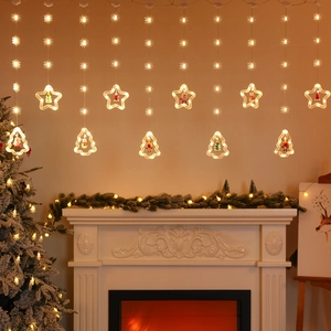 Star and Christmas tree LED curtain lights with miniature Santa and deer ornaments
