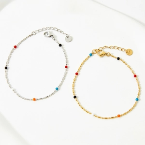 Bohemian stainless steel thin chain bracelet with colorful enamel beads in gold and silver