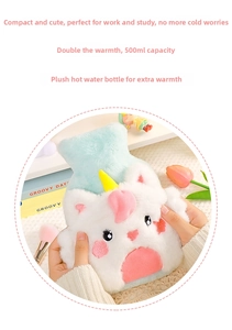 Close-up of cute plush cat water bottle with mint green details and 500ml capacity