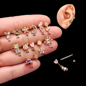 12-piece gold stainless steel cartilage stud earring set with zircon animal shapes