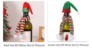 Detail of Christmas elf wine bottle covers featuring mini hats and striped scarves