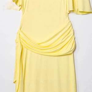 Bright yellow backless maxi dress with tiered draped details on high quality fabric