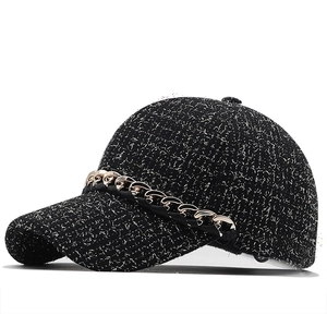Women Tweed Baseball Cap With Metal Chain Decoration Shiny Satin Casual Outdoor Sun Hat Adjustable