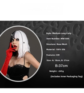 Detail of Cruella style black and white split wig with rose net and matte silk texture