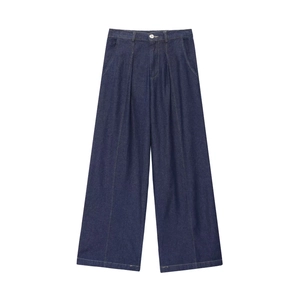 Deep blue high-waisted wide-leg denim pants with elegant pleat design in heavy denim