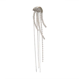 Silver jellyfish brooch with long pearl tassels and crystal chains for suit jackets