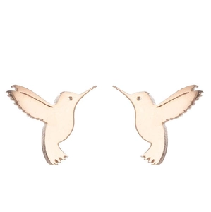 Cute Korean style hummingbird wooden stud earrings in natural wood finish for women