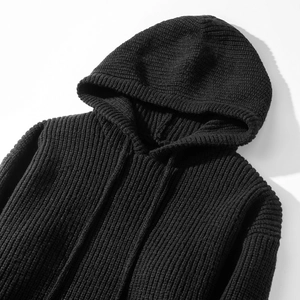 Retro black knit hooded sweater with ribbed texture and drawstring for men and women