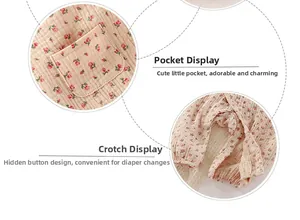 Detail view of baby romper featuring snap buttons for easy diaper change and pocket