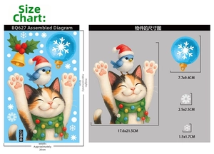 Size chart showing dimensions of Christmas cat and snowflake window static stickers