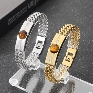 Hip hop titanium steel bracelet for men with tiger eye stone and zircon inlays