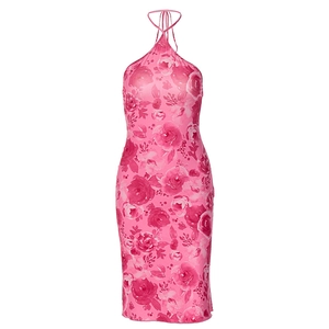 Sleeveless halter neck bodycon dress with vibrant pink and deep red rose floral patterns