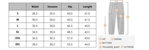 Detailed size chart for hip-hop sweatpants with waist, inseam, and length measurements