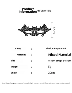 Detailed size specifications for the black bat-style lace masquerade mask accessory
