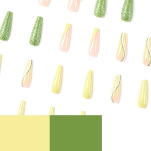 French green glitter and yellow butterfly press-on nails in long coffin shape