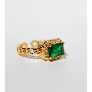 French vintage emerald green square zircon gold chain ring with minimalist open design