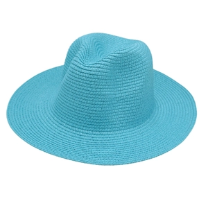 Detailed top view of a breathable blue woven straw Panama hat with a classic Fedora crown