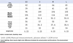 Tableau des tailles pour blouse satinée avec mesures du buste, longueur et manches