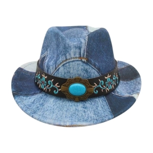 Children's retro denim fedora with bohemian floral embroidery and turquoise stone