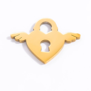 Detail showing an 18k gold heart-shaped padlock pendant with angel wings and keyhole