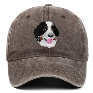 Détail de la broderie Bouvier Bernois sur une casquette en coton marron délavé