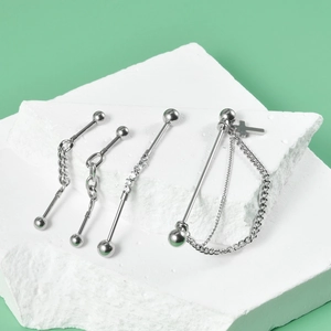 Silver stainless steel industrial barbell earrings set with cross chain and zircon studs